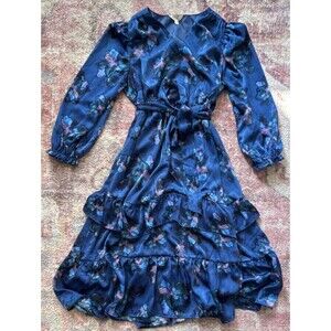 Terra & Sky Blue Floral Midi Dress Ruffle Belted Puff Sleeve Fit & Flare 0X